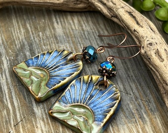 Artisan Ceramic Mountain Sunrise Earrings, Blue, Green, Copper Dangle, Made in the USA, Fast n Free USA Shipping, Gift