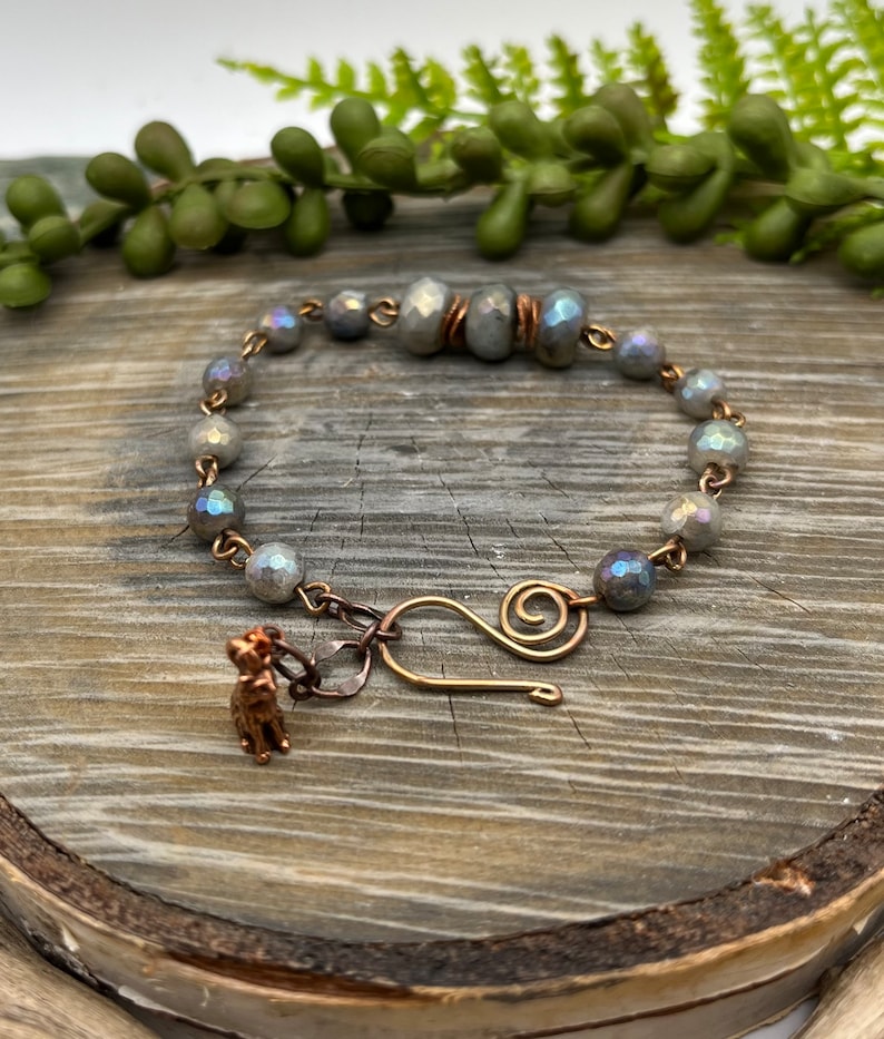 Glistening Labradorite gemstone Bracelet free shipping Made in the USA copper wire wrap, wire weaver Adjustable, Copper Cat Charm image 3