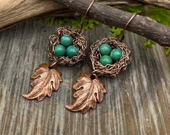 Birth Day Nest Earrings with Genuine Turquoise Robin Eggs, Mothers Day Gift, Free Domestic Shipping, Birthday, Anniversary Gift