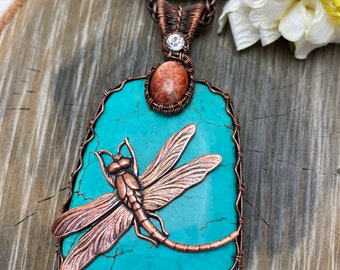 Huge Dragonfly Turquoise Sunstone Necklace Antique Copper, Free USA Shipping, Weavers Roots Artisan Jewelry, Birthday, Anniversary, Gift