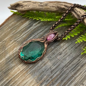 Teal Green Hand Cut German Glass, Pink Sapphire Gemstone Wire Wrap Necklace, Copper Wire Wrap Jewelry, Free USA ship, Womens Gift image 7