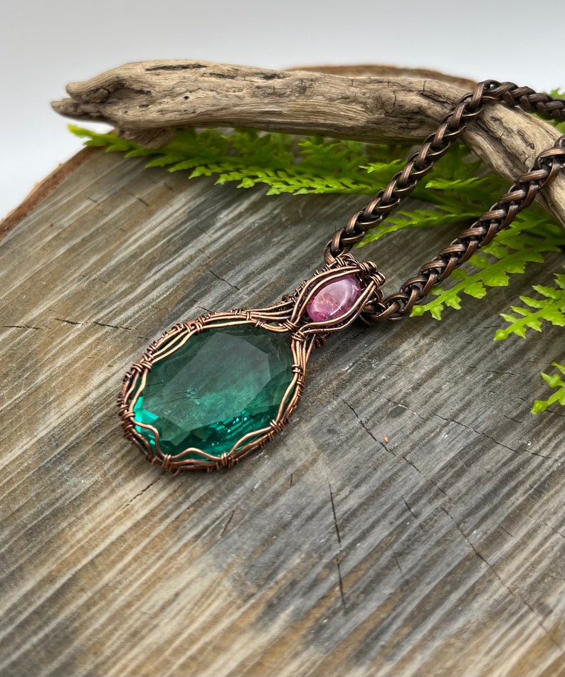 Teal Green Hand Cut German Glass, Pink Sapphire Gemstone Wire Wrap Necklace, Copper Wire Wrap Jewelry, Free USA ship, Womens Gift image 7