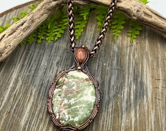 Green Scenic Jasper Goldstone Copper Wire Wrap Necklace Pendant, Free Domestic Shipping, Weavers Roots Jewelry