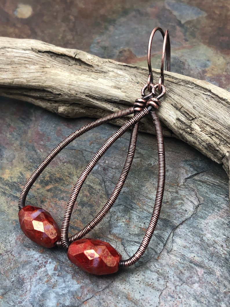 Purple Free USA Shipping Dangle Earrings Ready to Ship Speckled Weaver Roots Your Choice Czech Glass Copper Wire Wrap or Carnelian