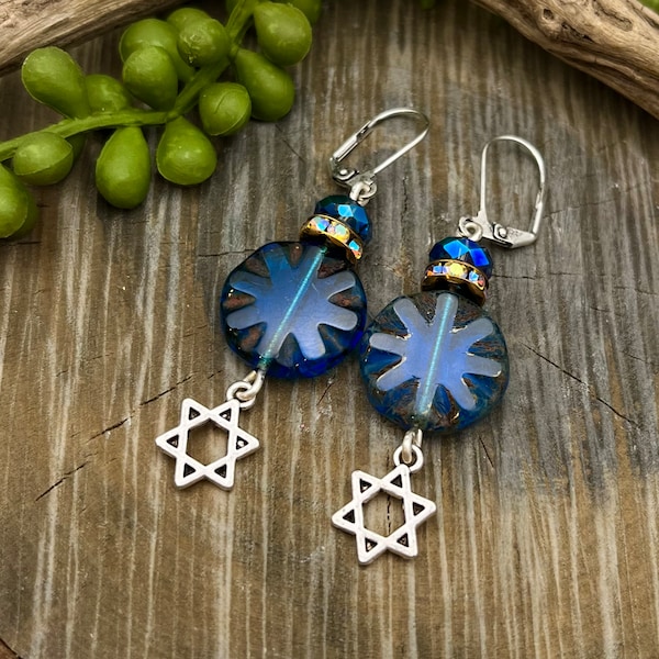 Star of David Blue for Israel Earrings, Czech Glass, Weavers Roots, Free Shipping, Made in the USA, Birthday, Anniversary Gift