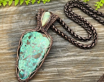 Turquoise and Boulder Opal Copper Wire Wrap Necklace Pendant, Free Domestic Shipping, Weavers Roots Jewelry, Gemstone