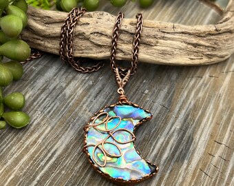 Celestial Abalone Shell Moon Copper Wire Wrap Necklace, Artisan Jewelry,