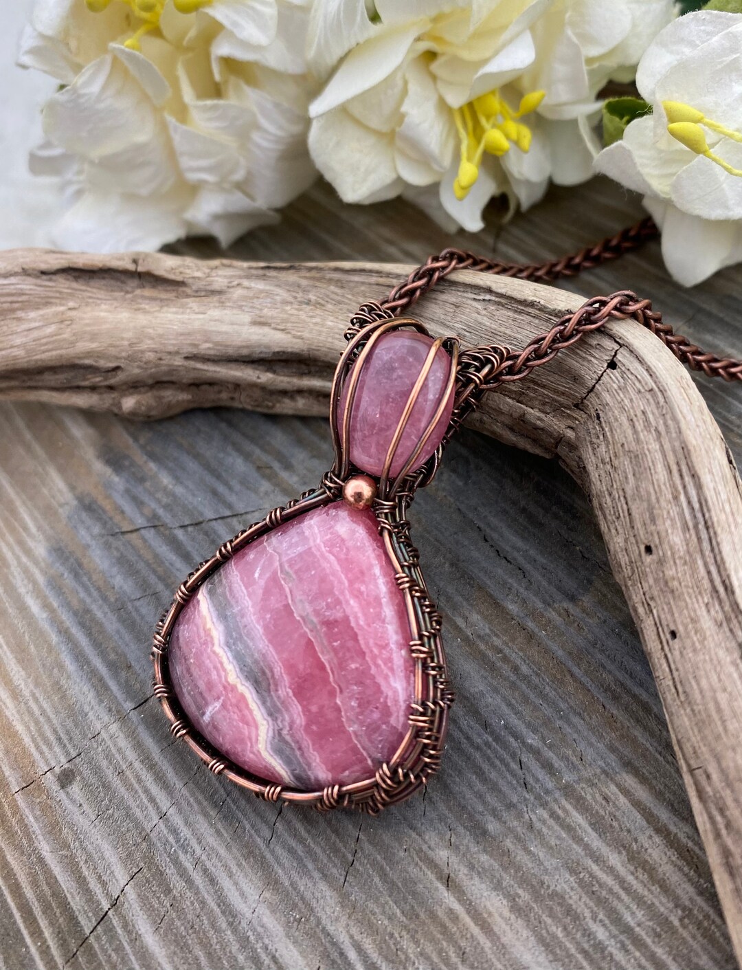 Pink Rhodochrosite Gemstone With Copper Wire Wrapped Pendant - Etsy