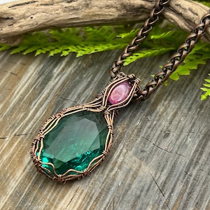 Teal Green Hand Cut German Glass, Pink Sapphire Gemstone Wire Wrap Necklace, Copper Wire Wrap Jewelry, Free USA ship, Womens Gift image 1