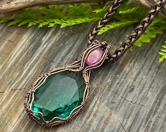 Teal Green Hand Cut German Glass, Pink Sapphire Gemstone Wire Wrap Necklace, Copper Wire Wrap Jewelry, Free USA ship, Women’s Gift