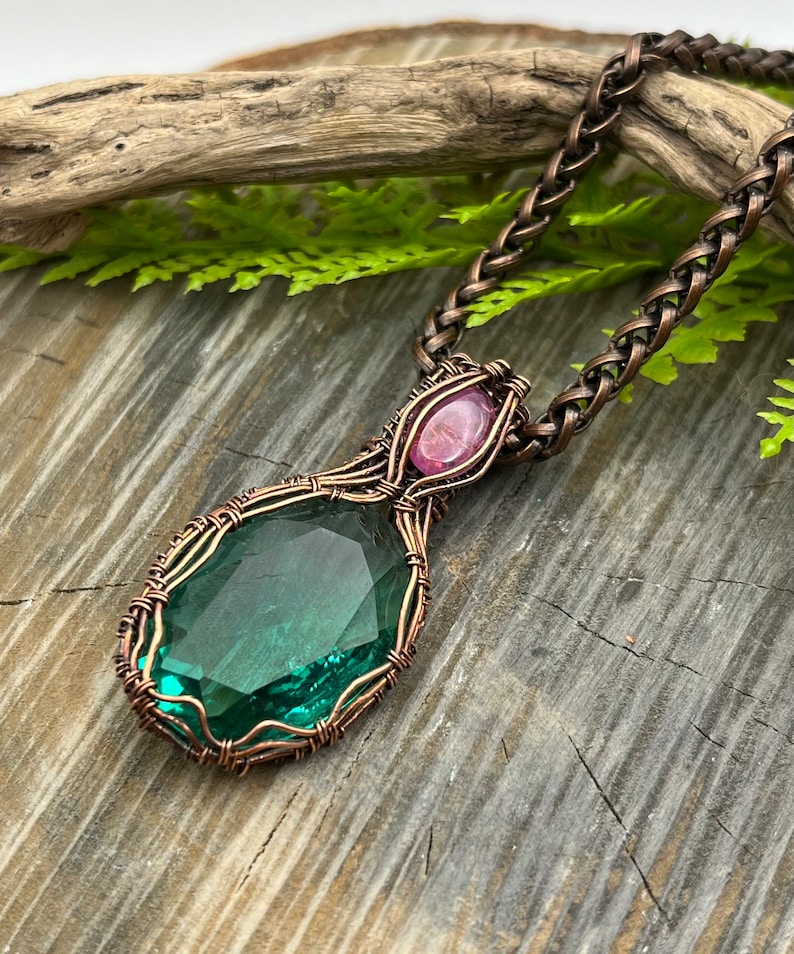 Teal Green Hand Cut German Glass, Pink Sapphire Gemstone Wire Wrap Necklace, Copper Wire Wrap Jewelry, Free USA ship, Womens Gift image 1