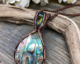 Abalone Shell Copper Wire Wrap Necklace, Gift, Anniversary Gift, Ocean Theme, Antique Copper Snake Chain, Free Shipping