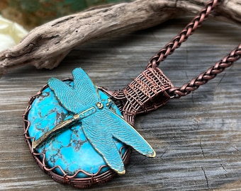 Turquoise Dragonfly Semi Precious Gemstone Necklace Copper Wire Wrapped Free Domestic Shipping Artisan Jewelry