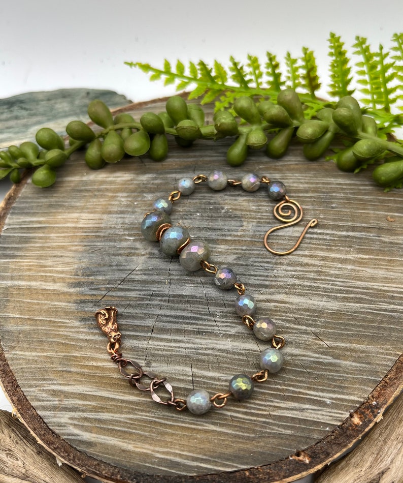 Glistening Labradorite gemstone Bracelet free shipping Made in the USA copper wire wrap, wire weaver Adjustable, Copper Cat Charm image 2