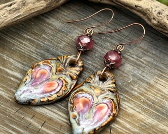 Handmade Heart Ceramic Earrings, Colorful, Pink Czech Glass, Artisan Jewelry, Dangle, Made in the USA, Fast n Free USA Shipping, Gift