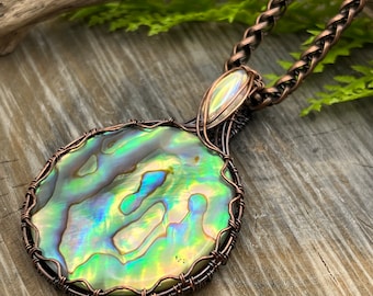 Natural Abalone Shell Copper Wire Wrap Necklace, Gift, Anniversary Gift, Ocean Theme, Antique Copper Chain, Free Shipping