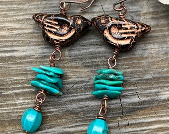 Black Bird Turquoise Gemstone Dangle Earrings, Boho Hippie, Marta at Weavers Roots, Copper Wire Wrap, Ready to Ship, Free USA Shipping