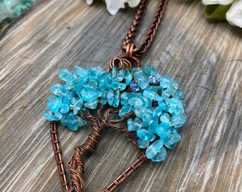 Aquamarine Blue Gemstone Tree of Life Copper Wire Wrapped Necklace Made in the USA Free Domestic Shipping