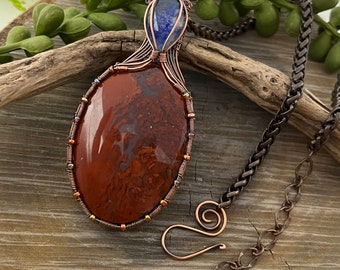 Red Moss Agate & Blue Lapis Copper Wire Wrap Necklace, Pendant, Free Domestic Shipping, Weavers Roots Jewelry, Christmas, patriotic