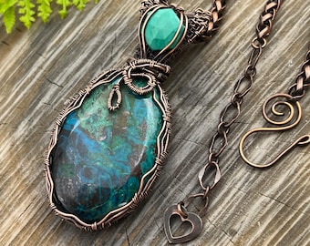 Genuine Chrysocolla and Turquoise Semi Precious Gems Copper Wire Wrapped Pendant Necklace, Free USA Ship, Ready to Ship, Gift