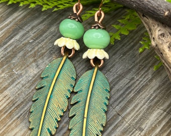 Botanical Boho Earrings, Patina Green Brass Leaf, Artisan Jewelry, Ready to Ship,Free Domestic Shipping, Made in the USA