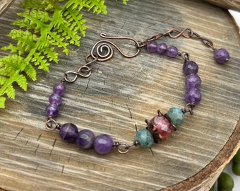 Amethyst Gemstone Beaded-Copper Wire Wrapped -Adjustable Bracelet-Free Domestic Shipping- Handmade Artisan Jewelry-Gift