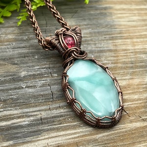 Blue Hemimorphite and Pink Sapphire Gemstone Pendant Necklace with Wire Wrapped Copper, Free Shipping, Gift, adjustable Length image 3