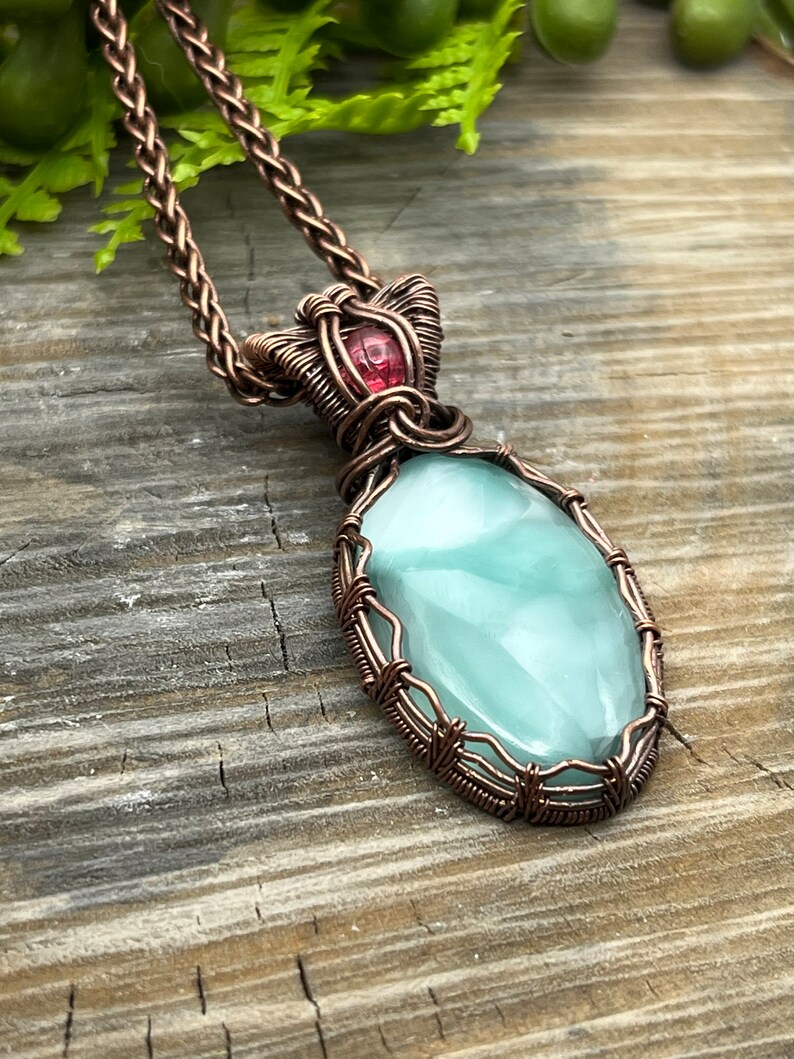 Blue Hemimorphite and Pink Sapphire Gemstone Pendant Necklace with Wire Wrapped Copper, Free Shipping, Gift, adjustable Length image 3