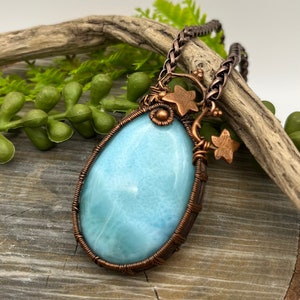 Larimar Blue Gemstone with Copper Ivy Pendant Necklace with Wire Wrapped Copper, Adjustable, Ready To SHIP, Gift image 2