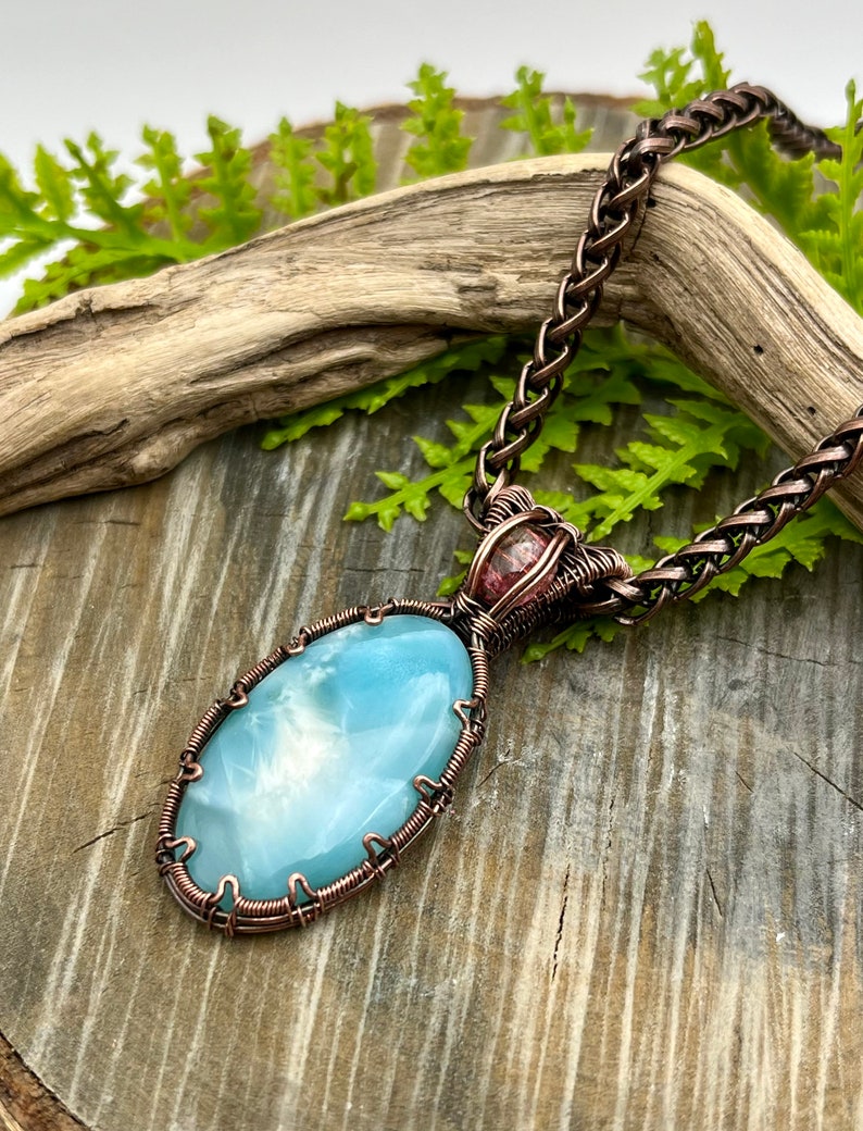 Blue Hemimorphite and Tourmaline Gemstone Pendant Necklace with Wire Wrapped Copper, Free Shipping, Gift, Choose Length image 4