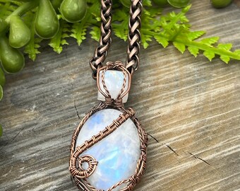 Genuine Rainbow Moonstone Necklace, Pendant, Copper, Wire Wrapped,Free USA Shipping, Gift, Artisan Jewelry