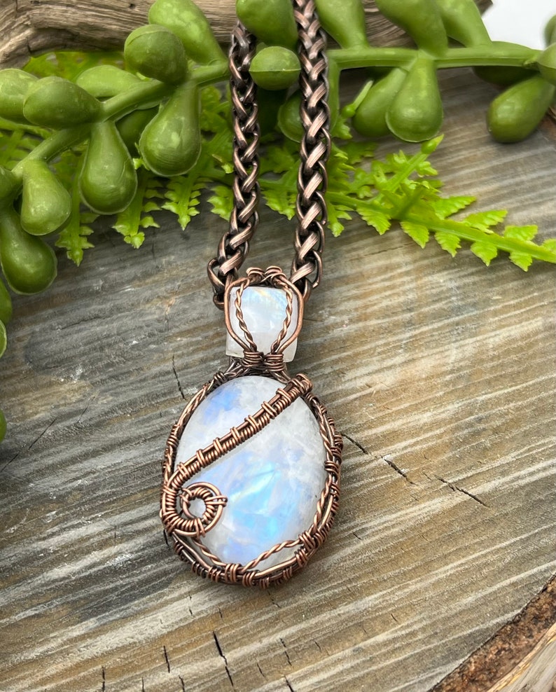 Genuine Rainbow Moonstone Necklace, Pendant, Copper, Wire Wrapped,Free USA Shipping, Gift, Artisan Jewelry Bild 1