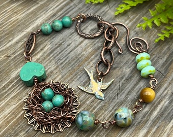 Bird Nest Charm Bracelet, Turquoise Eggs and Heart, Antique Copper, Free USA Shipping, Weavers Roots Artisan Jewelry, Adjustable Gift