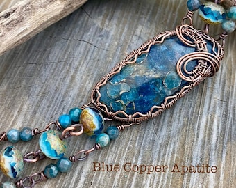 Blue Copper Apatite Gemstone Bracelet ~Czech Glass ~ Artisan Jewelry ~free shipping Made in the USA~wire wrap wire weaver~ Adjustable