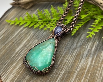 Green Chrysoprase Gemstone Pendant Necklace, Amazing Copper Chain, Free Shipping, Tanzanite, Birthday, Anniversary, Friend, Gift