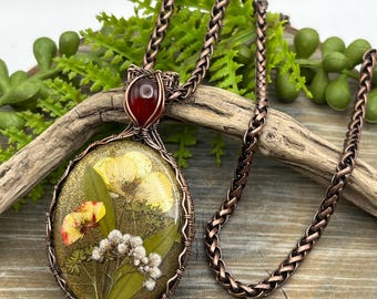 Real Floral Copper Wire Wrapped Gemstone Necklace Pendant, Carnelian, Weavers Roots Jewelry, Fast and Free Shipping, Gift