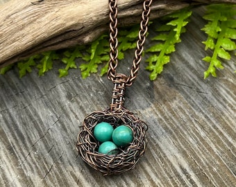Bird Nest with Turquoise Eggs Necklace, Antique Copper, Free USA Shipping, Weavers Roots Artisan Jewelry,Spring,Birthday, Anniversary, Gift