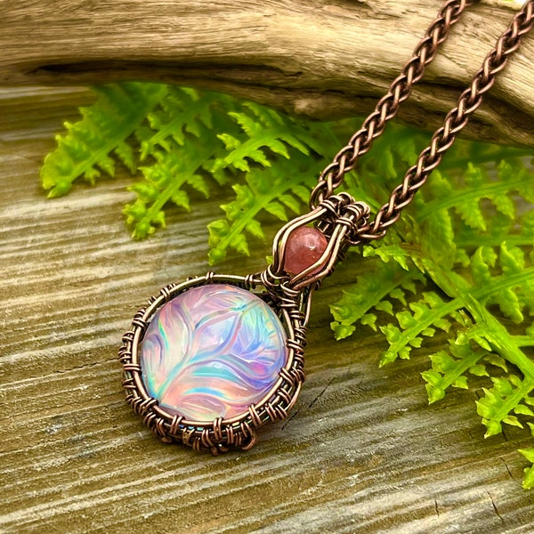 Carved Aurora Opal Copper Wire Wrapped, Pendant, Future Heirloom, Excellent Matching Adjustable Chain, Gift, Free Shipping