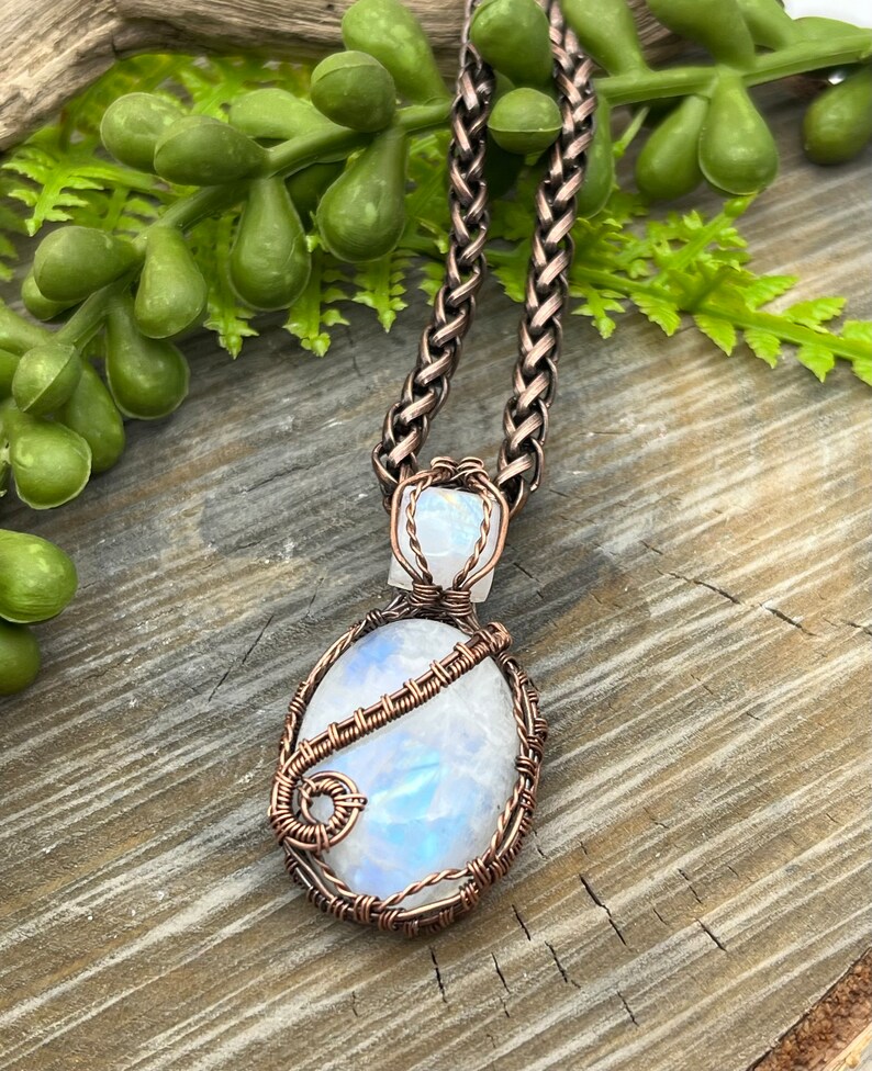 Genuine Rainbow Moonstone Necklace, Pendant, Copper, Wire Wrapped,Free USA Shipping, Gift, Artisan Jewelry Bild 5