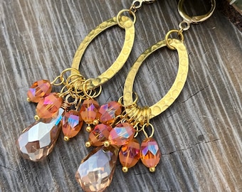 Crystal Orange Sparkle Faceted Gold Brass Boho Earrings /by Weavers Roots Jewelry/ Ready to Ship Free Domestic Shipping, made in the USA