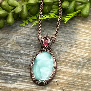 Blue Hemimorphite and Pink Sapphire Gemstone Pendant Necklace with Wire Wrapped Copper, Free Shipping, Gift, adjustable Length image 4