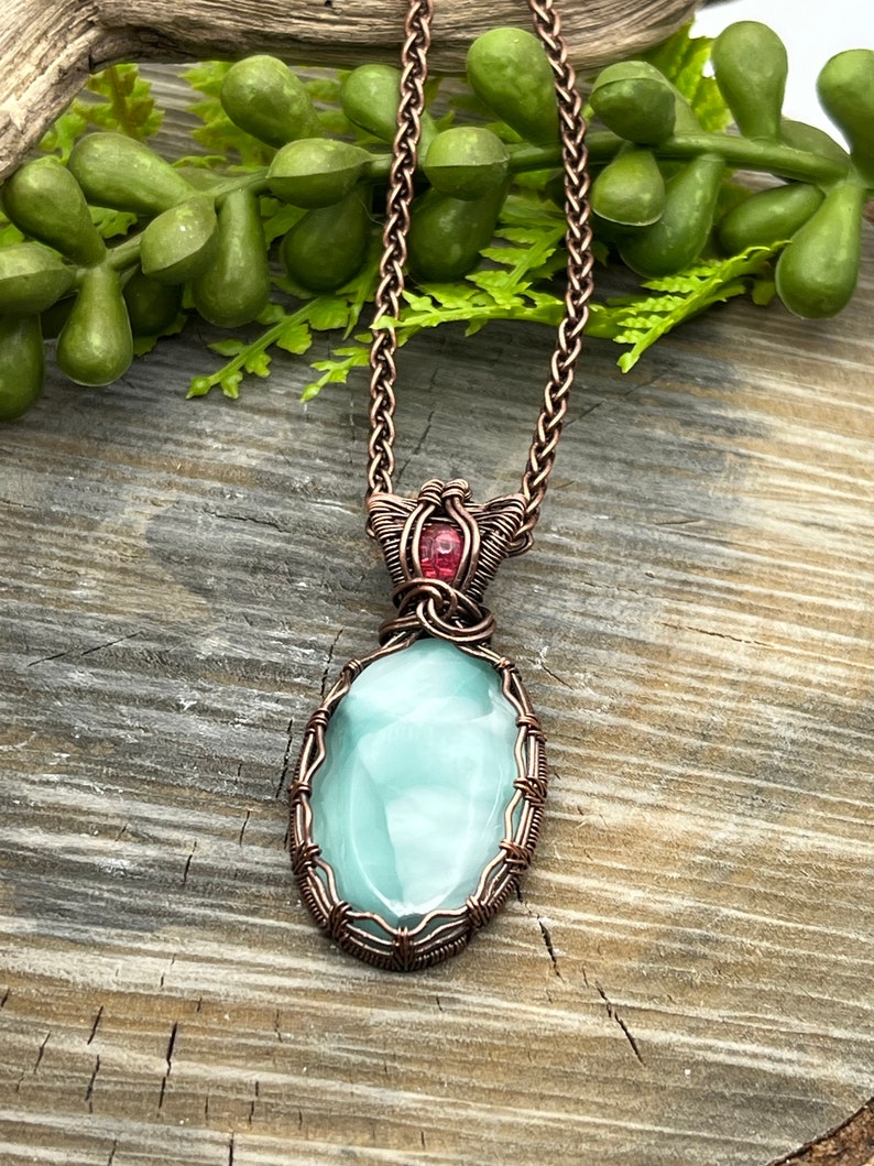 Blue Hemimorphite and Pink Sapphire Gemstone Pendant Necklace with Wire Wrapped Copper, Free Shipping, Gift, adjustable Length image 4