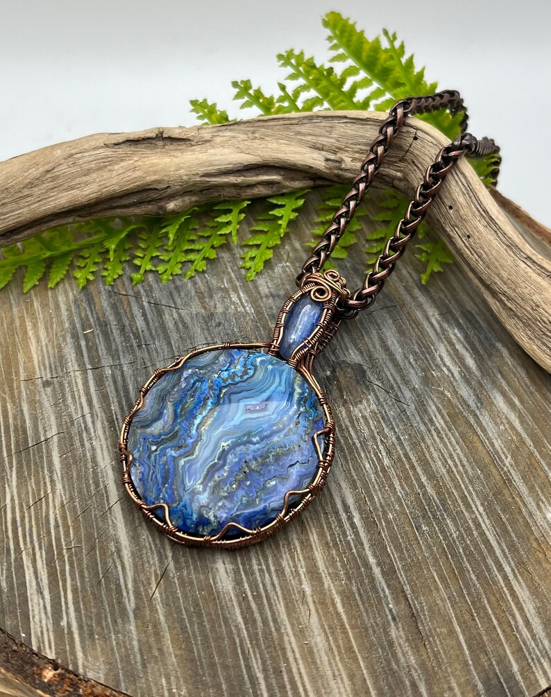 Blue Crazy Lace Agate and Kyanite Gemstones copper wire wrap pendant necklaceready to shipFree Domestic Shipping wire wrapGift image 3