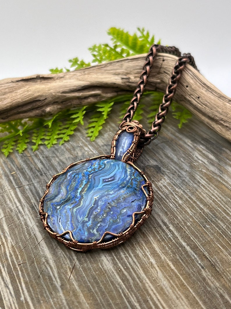 Blue Crazy Lace Agate and Kyanite Gemstones copper wire wrap pendant necklaceready to shipFree Domestic Shipping wire wrapGift image 5