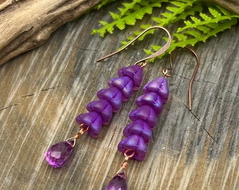 Purple Sapphire gemstones and Matching Czech Glass Flower Bead Dangle Earrings with Copper Ear Wires, Artisan Jewelry, Gift