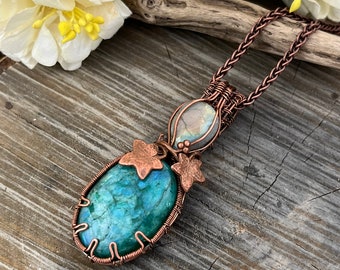 Green Rainbow Moonstone and Labradorite Necklace Pendant Artisan Jewelry Copper Wire Wrapped Free Domestic Shipping Gift