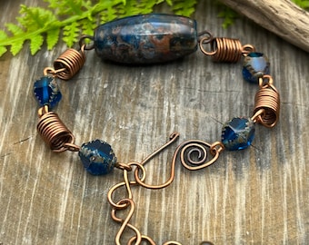 Blue Ocean Jasper Gemstone Copper Bracelet, Unisex, Adjustable, Gift, Free Domestic Shipping