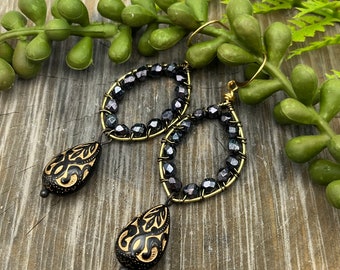 Black and Gold Damask Wire Wrapped LONG Hoop Earrings, Free Domestic Shipping
