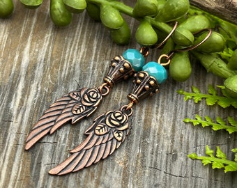 Turquoise Chinese Crystal with Copper Wing Earrings, Free USA Shipping Handmade Artisan Jewelry, Gift