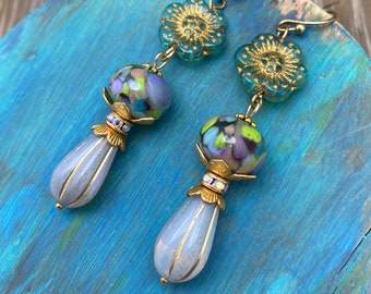 Pastel Floral Dangle Earrings with Lamp Work Glass Beads, Gold, Free Shipping